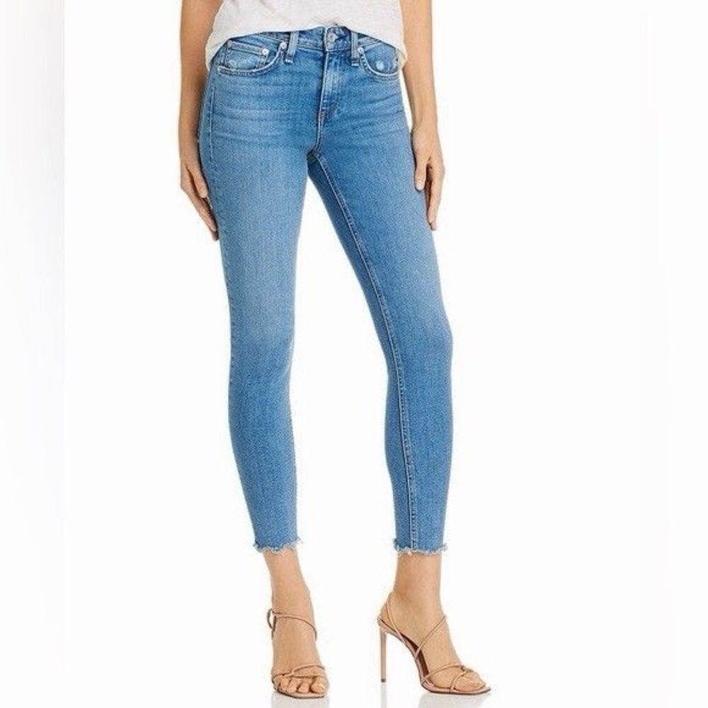 Rag & Bone Cate Mid-Rise Ankle Skinny Jeans In Palmer Blue Denim Raw Hem